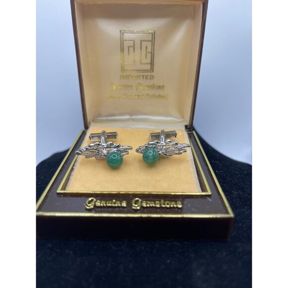 Vintage Alsten Cufflinks With‎ Genuine Green Gemstones In Original Box - Picture 1 of 8
